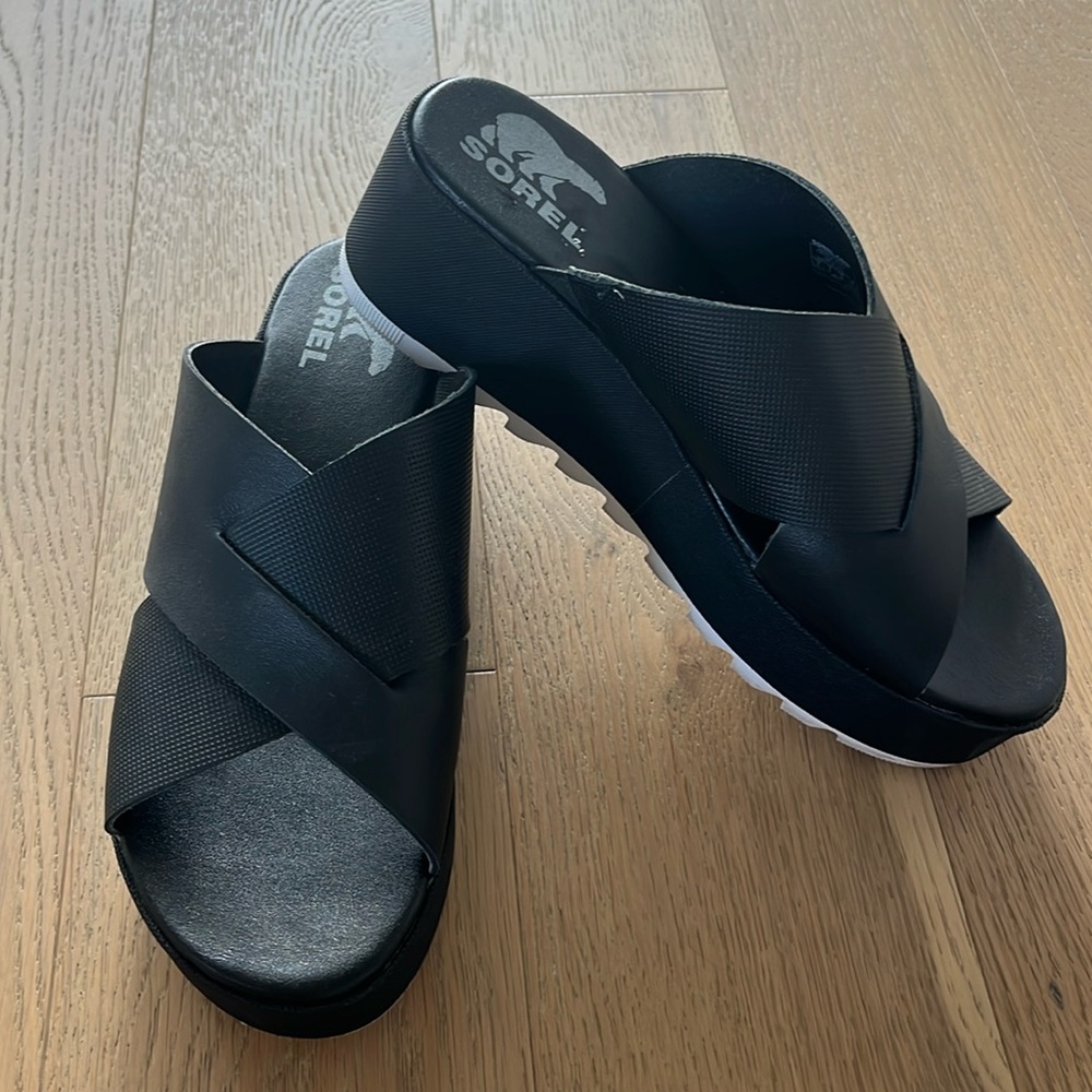 Sorel Black Crisscross Platform Slide Sandals